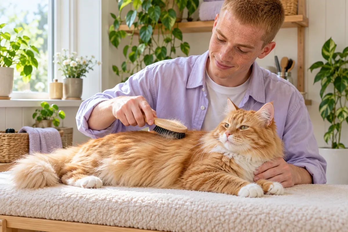 Un jeune homme passe une brosse souple sur une petite zone du dos d’un chat roux détendu et non maintenu.