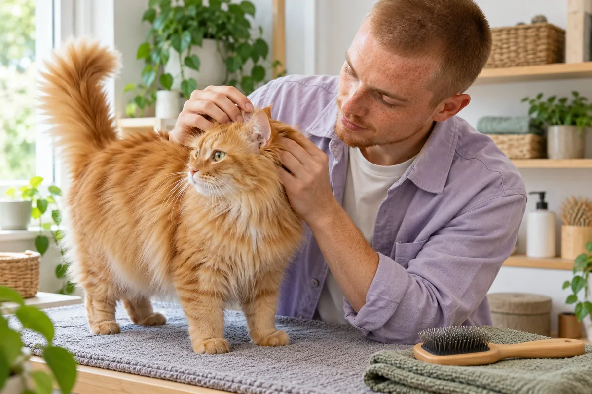 Un jeune homme écarte doucement les poils derrière l’oreille d’un chat debout sur une surface antidérapante.