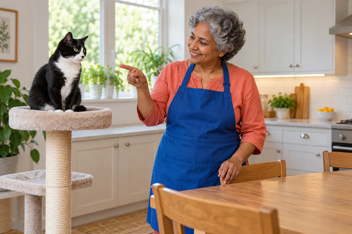 Une femme montre un perchoir stable à un chat noir et blanc, près d’une table dégagée dans une cuisine lumineuse.