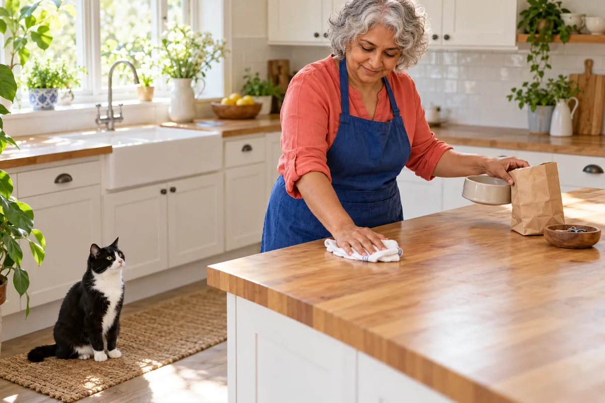 Une femme retire un bol et un sac en papier tout en essuyant un plan de travail observé par un chat au sol.