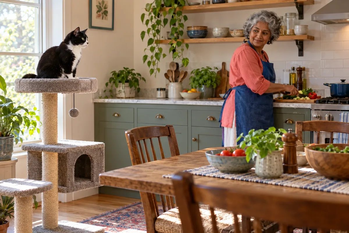 Un chat noir et blanc observe la cuisine depuis un arbre à chat stable placé à distance de la table et des plaques.