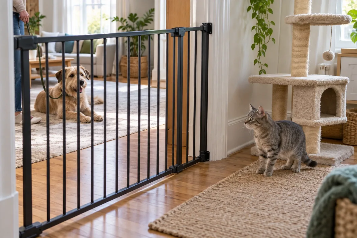 Un chien sable couché et un chat tigré près de son arbre s’observent calmement de part et d’autre d’une barrière.