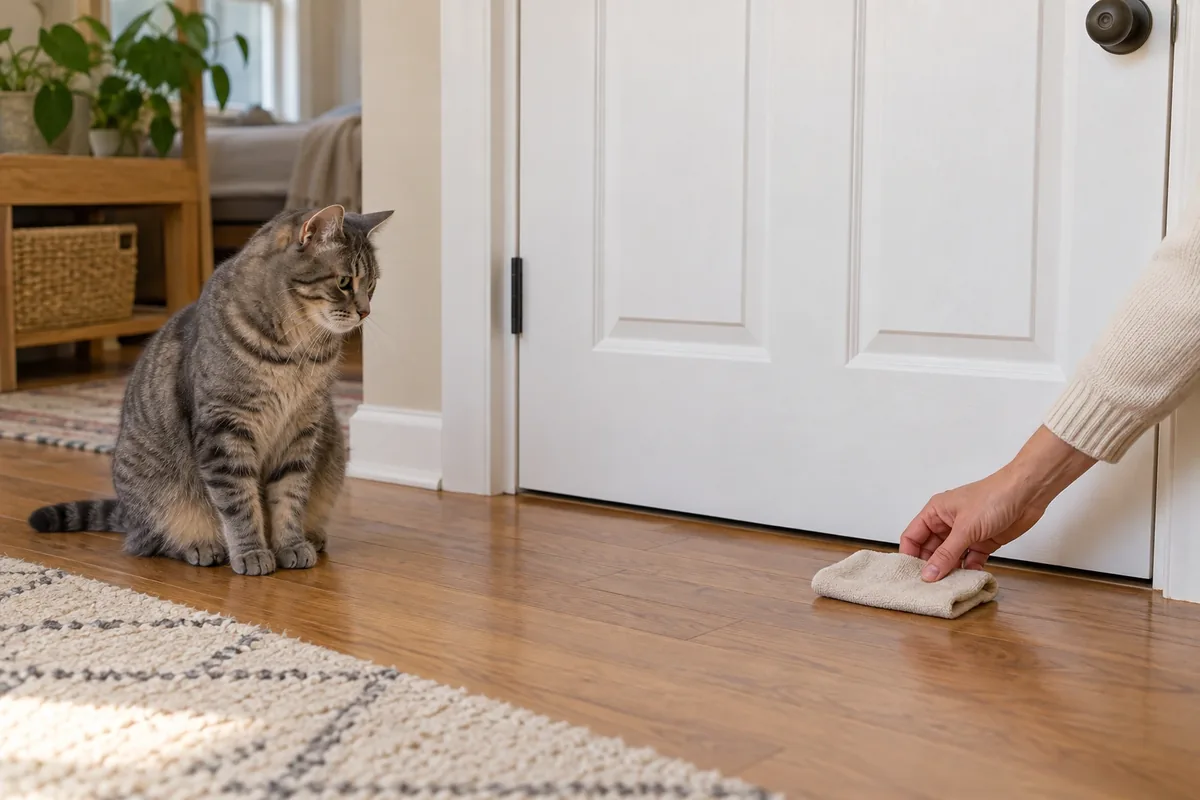 Un chat tigré observe un petit tissu posé par une main devant la porte fermée qui le sépare de l’autre animal.