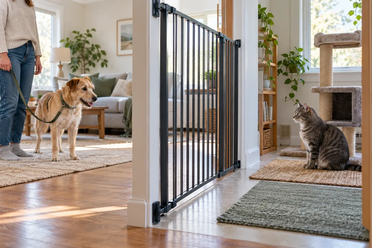 Un chien en longe détendue et un chat près de son arbre restent chacun d’un côté d’une barrière intérieure solide.