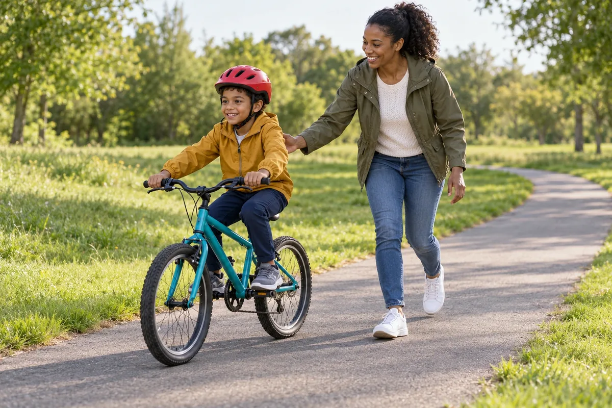 Un garçon casqué avance sur un petit vélo sans roulettes tandis qu’une femme marche à portée de bras sur le chemin.