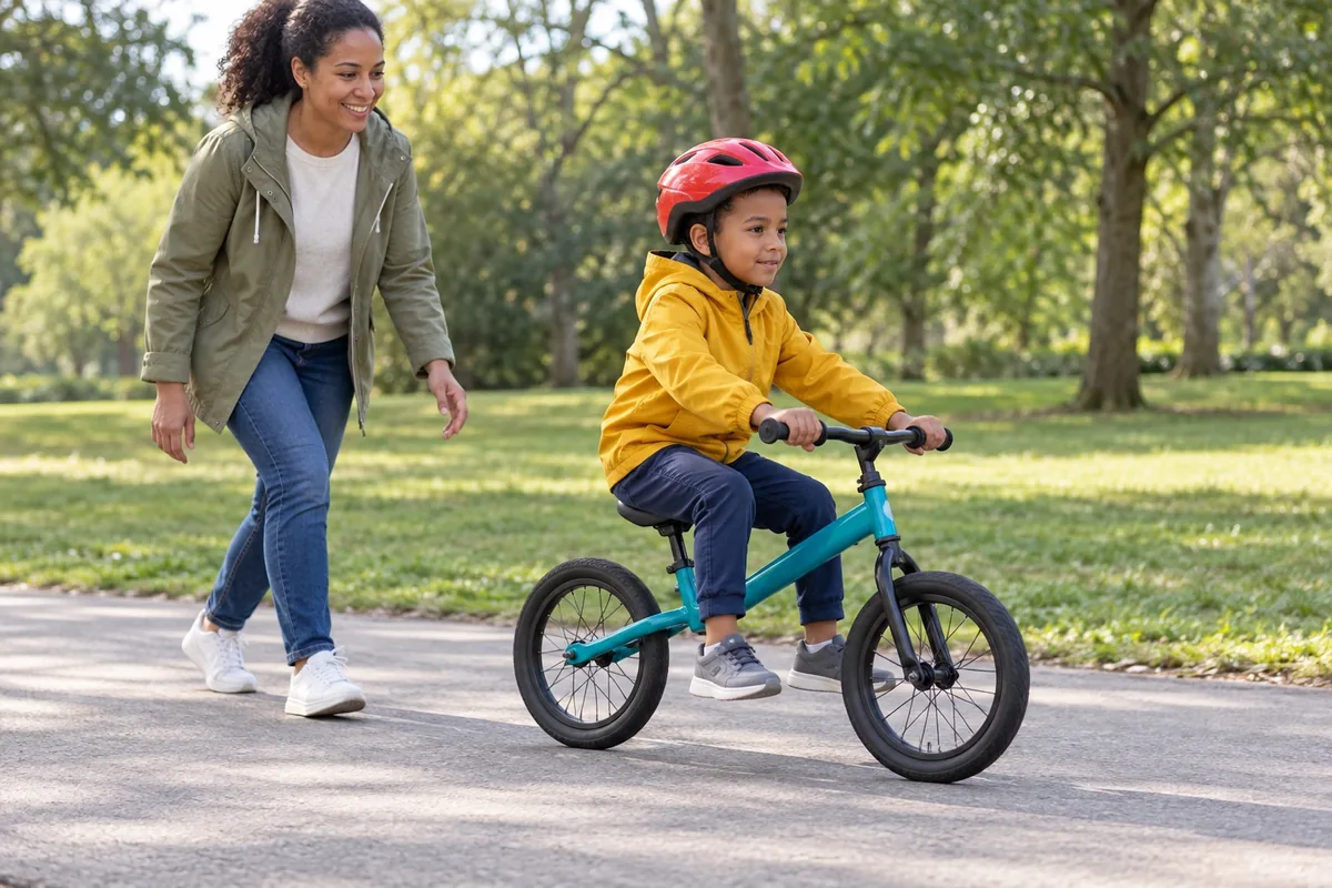 Un garçon casqué lève brièvement les pieds en glissant sur un vélo sans pédales, accompagné de près par une femme.