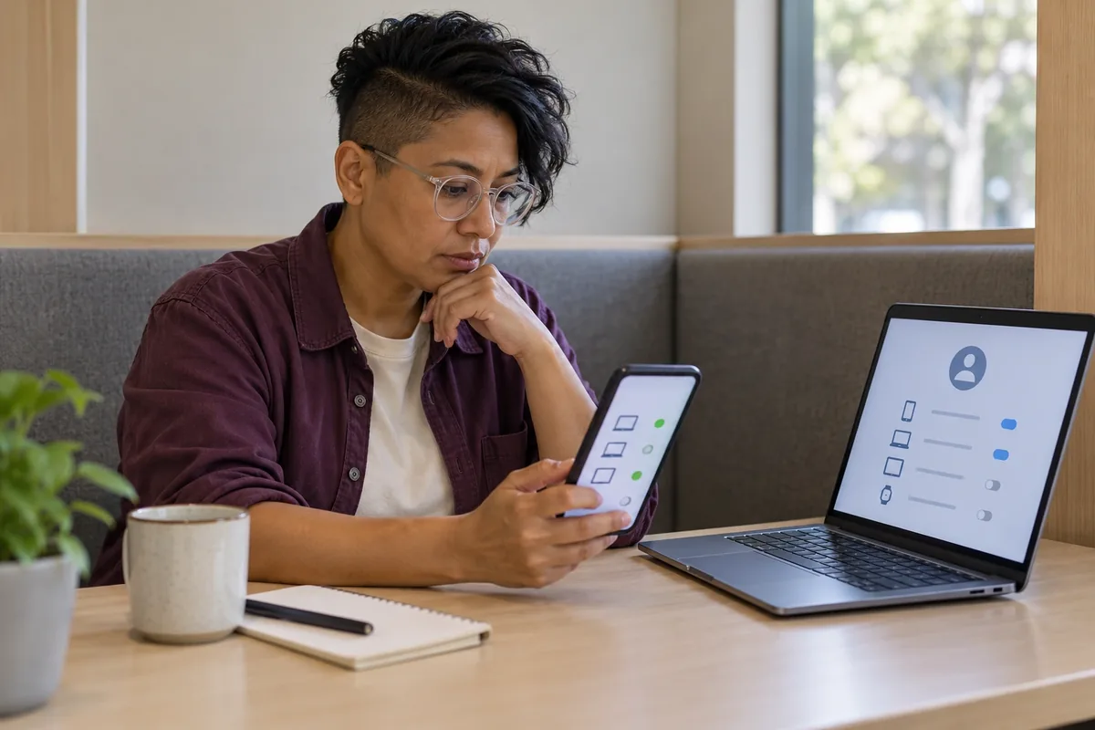 Une personne à la coupe asymétrique compare calmement un téléphone et un ordinateur affichant des réglages abstraits.