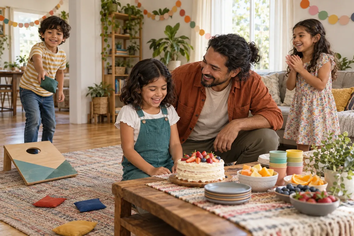 Un père et sa fille sourient près d’un gâteau et de fruits pendant que trois enfants jouent dans un salon décoré simplement.