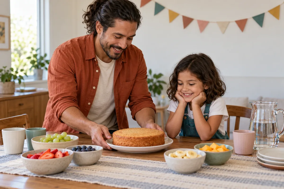Un père pose un gâteau sans bougies devant sa fille, avec des fruits découpés, une carafe d’eau et des gobelets.