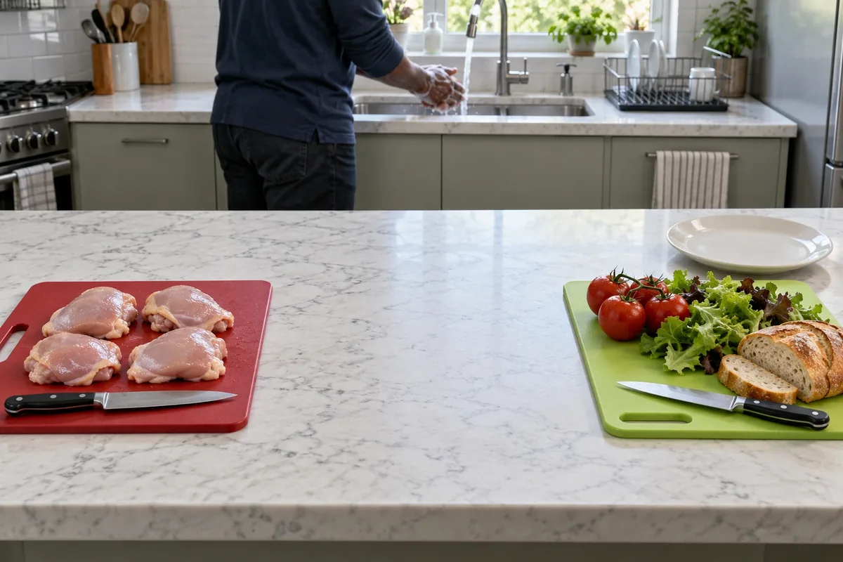 Deux planches très éloignées séparent du poulet cru des tomates, de la salade et du pain pendant qu’une personne se lave les mains.