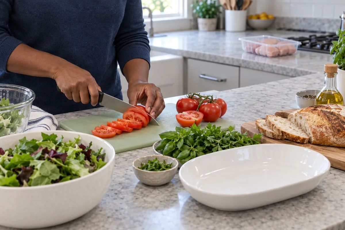 Une personne découpe des tomates lavées près d’une salade et de pain, tandis qu’une barquette de poulet reste fermée au fond.