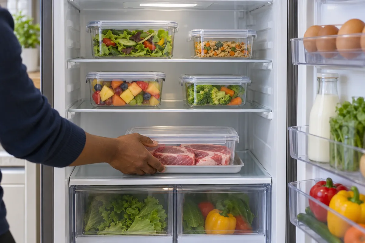 Une main place un récipient fermé de viande crue sur l’étagère basse, sous plusieurs aliments prêts à manger couverts.