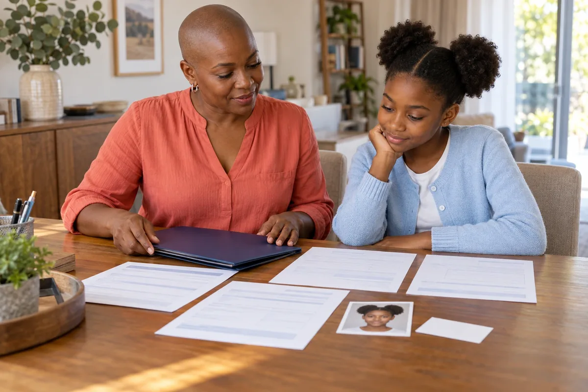 Une mère et sa fille examinent une pochette, des formulaires et une photo d’identité sur une table bien rangée.