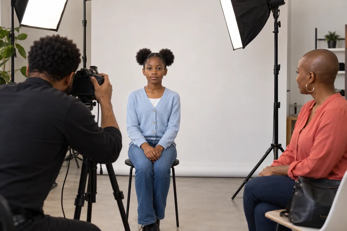 Une fille assise face à un appareil photo pose devant un fond neutre pendant que sa mère attend à proximité.
