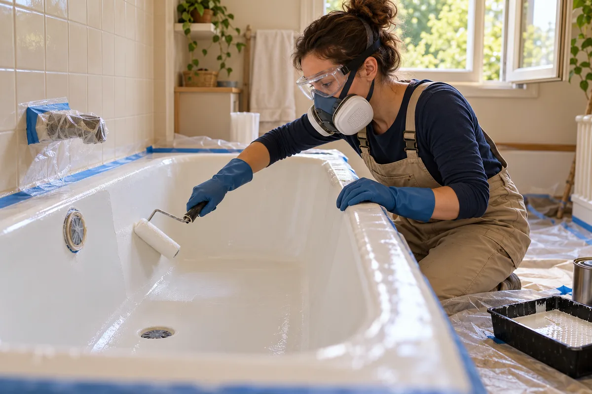 Une femme protégée par des gants, des lunettes et un masque applique un revêtement dans une baignoire.