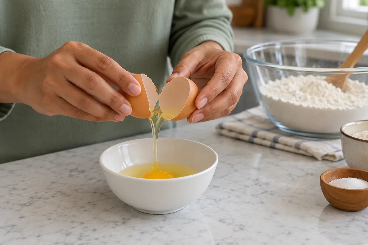 Des mains cassent un œuf dans un petit bol séparé, loin du grand récipient contenant les autres ingrédients.