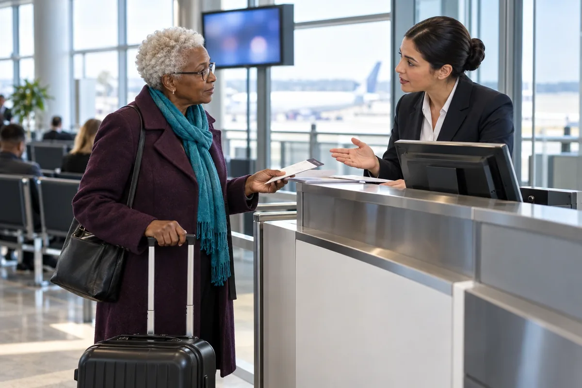 Une voyageuse âgée présente sa carte d’embarquement à une agente qui lui explique calmement la situation au comptoir.