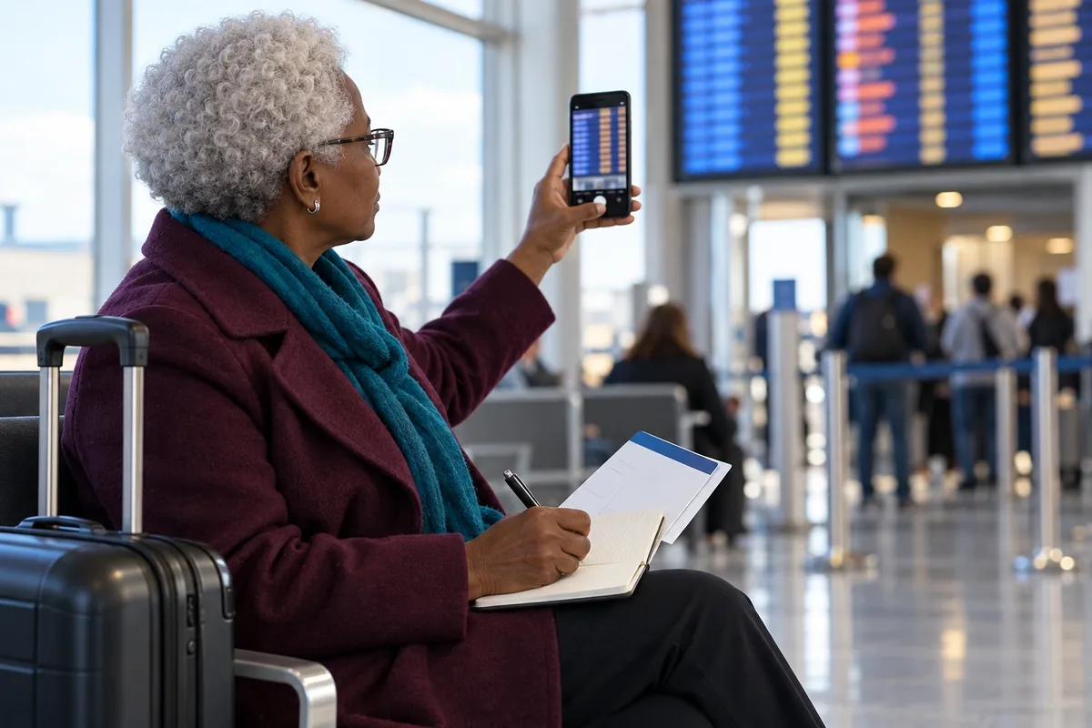 Une voyageuse photographie un écran de départ flou tout en tenant un carnet, un stylo et ses documents de vol.