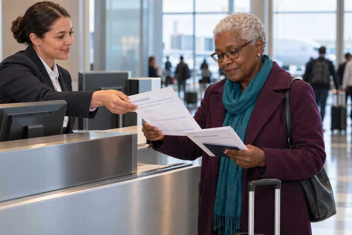 Une agente remet un nouvel itinéraire imprimé à une voyageuse qui le compare attentivement avec ses autres documents.