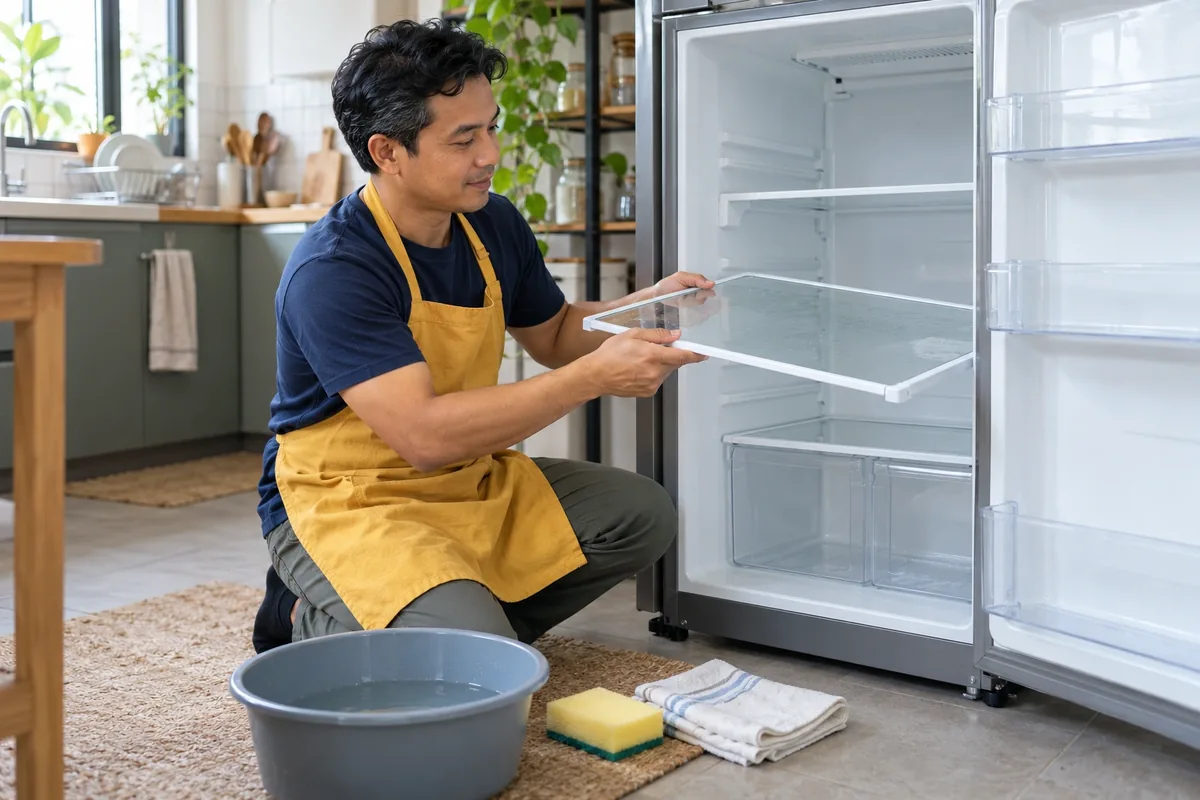 Un homme retire avec précaution une clayette en verre d’un réfrigérateur vide, avec une bassine et des chiffons à proximité.