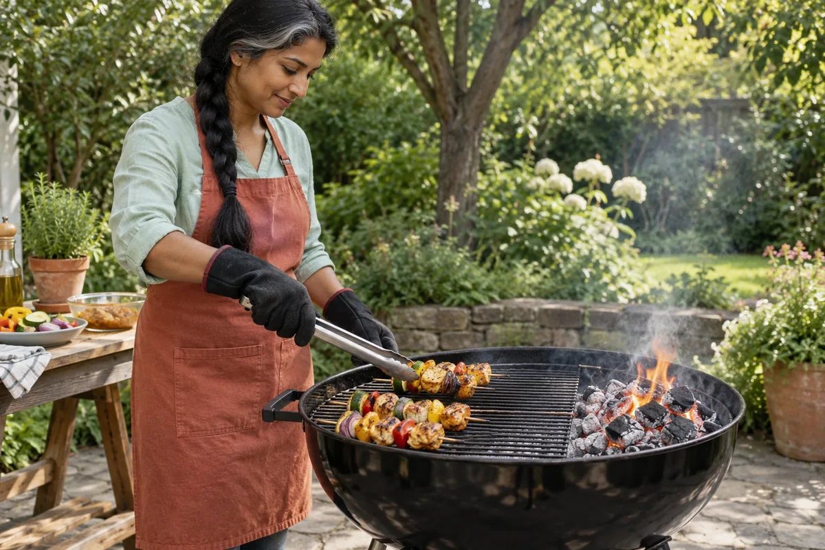 Une femme déplace des brochettes avec une longue pince vers la zone sans braises d’un barbecue à deux zones.