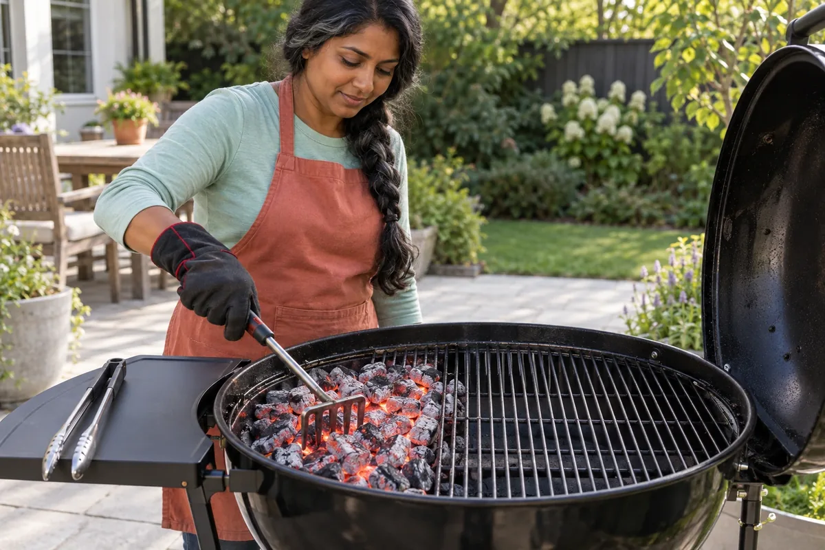 Une femme regroupe les braises sur une moitié du barbecue, laissant l’autre moitié vide pour le repli des aliments.