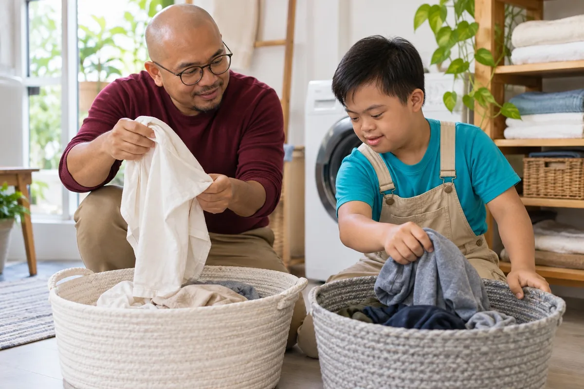 Un père montre comment trier un vêtement tandis que son fils place le linge dans deux paniers légers.