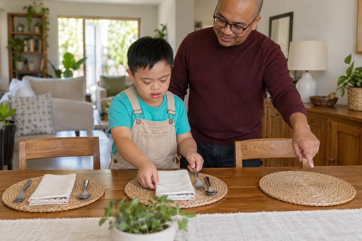 Un garçon place des serviettes puis des couverts à table, sous la supervision calme de son père.