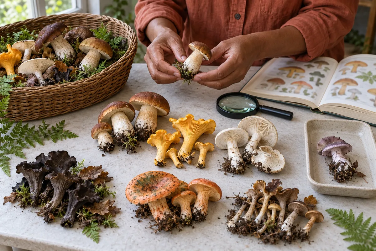 Deux mains trient plusieurs groupes de champignons sauvages entiers sur une table en pierre claire.