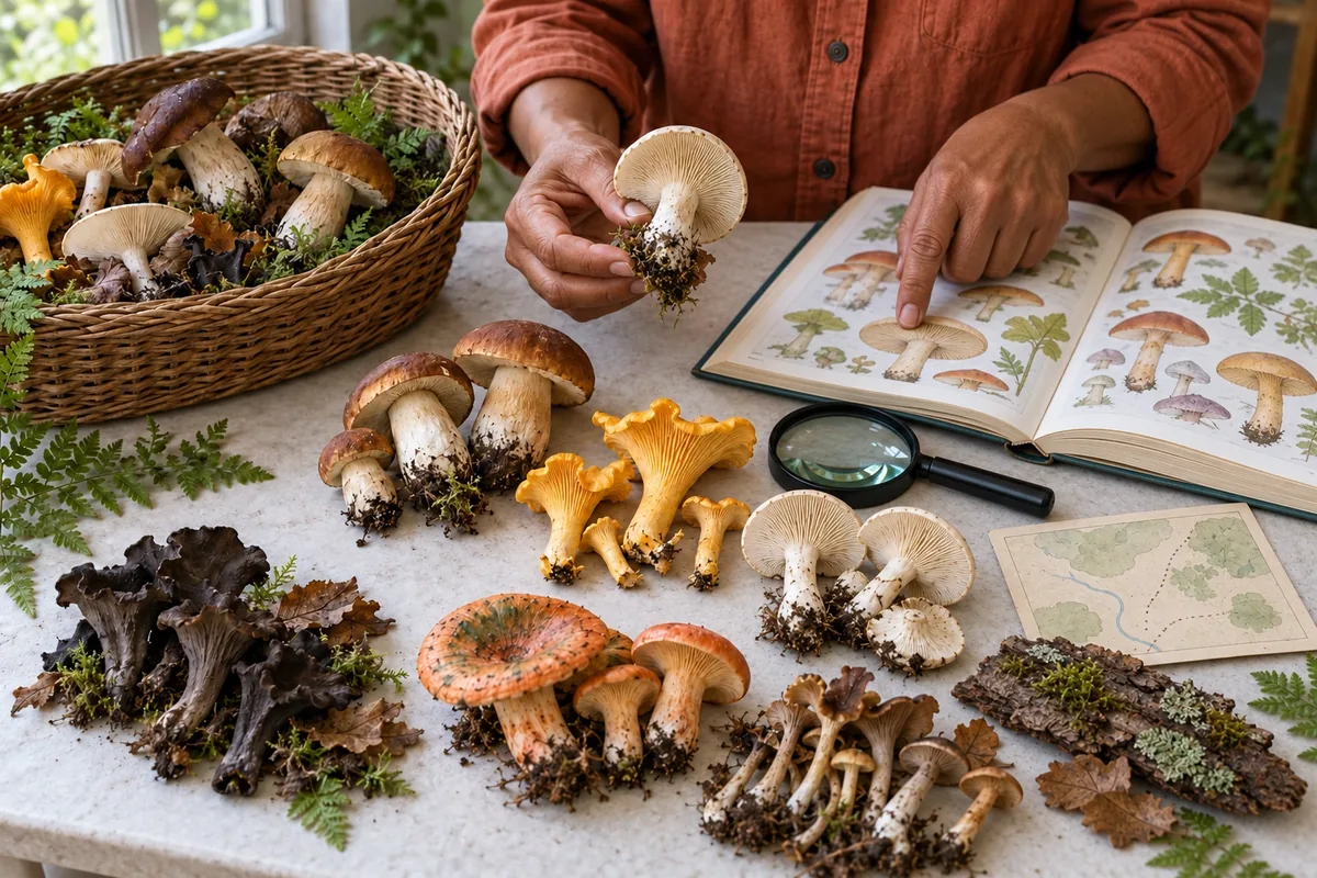 Une main montre les lamelles et la base intacte d’un champignon près d’un guide illustré et d’une loupe.