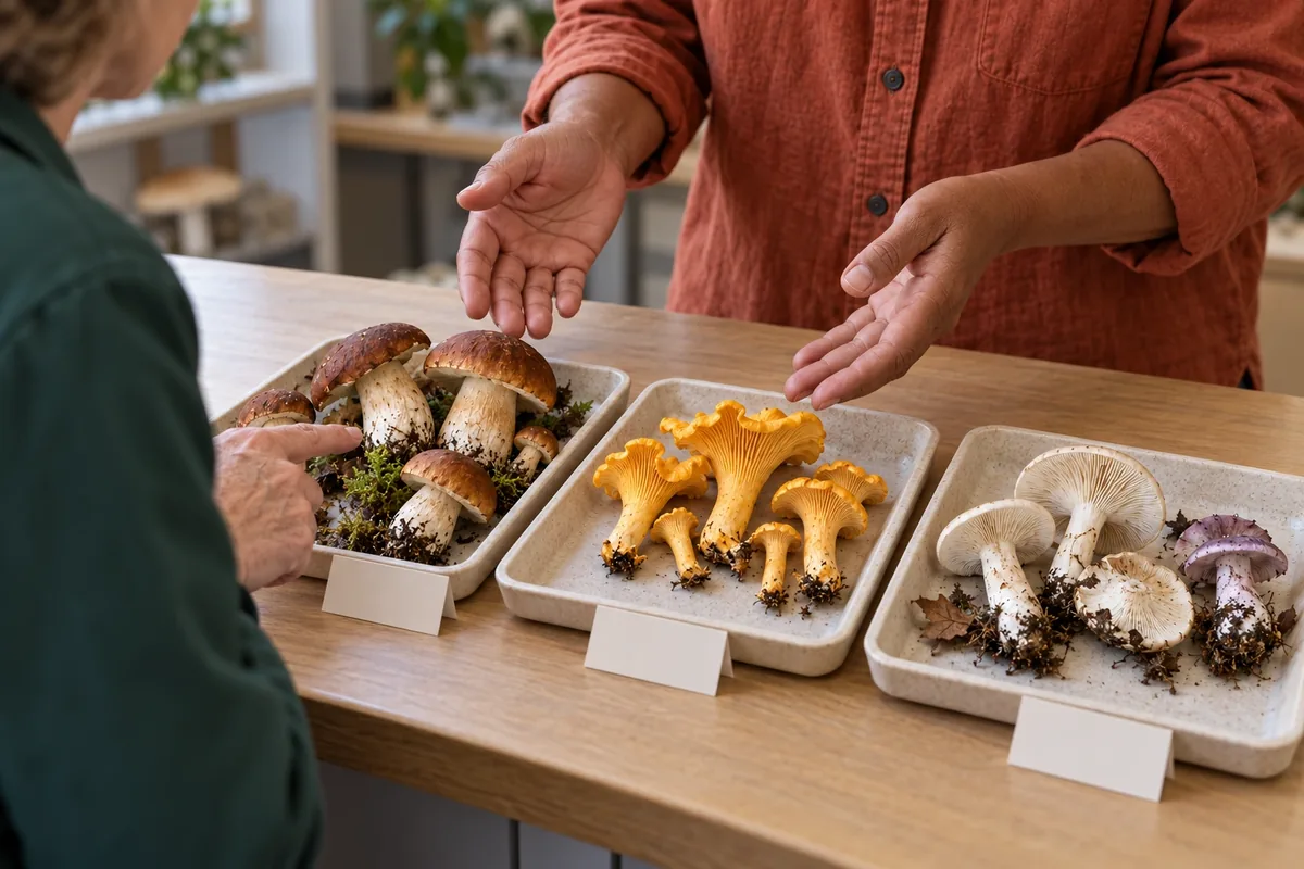 Des mains présentent trois plateaux de champignons séparés à une personne en blouse vert foncé.