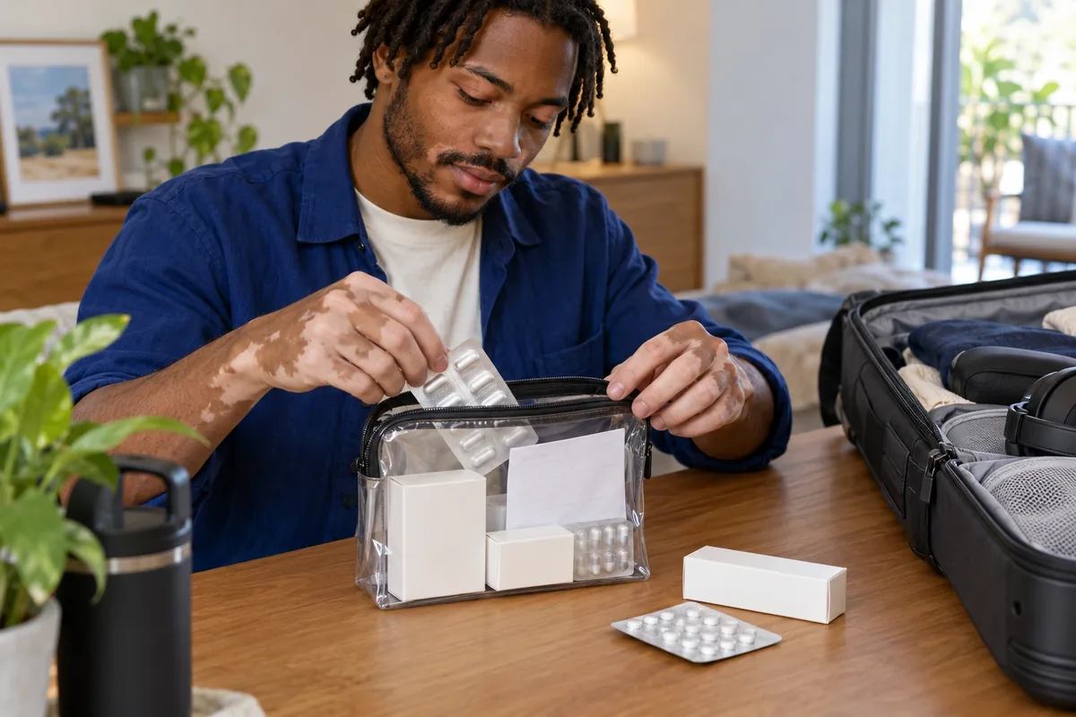 Un homme range des plaquettes et des boîtes intactes avec une ordonnance dans une trousse transparente de voyage.