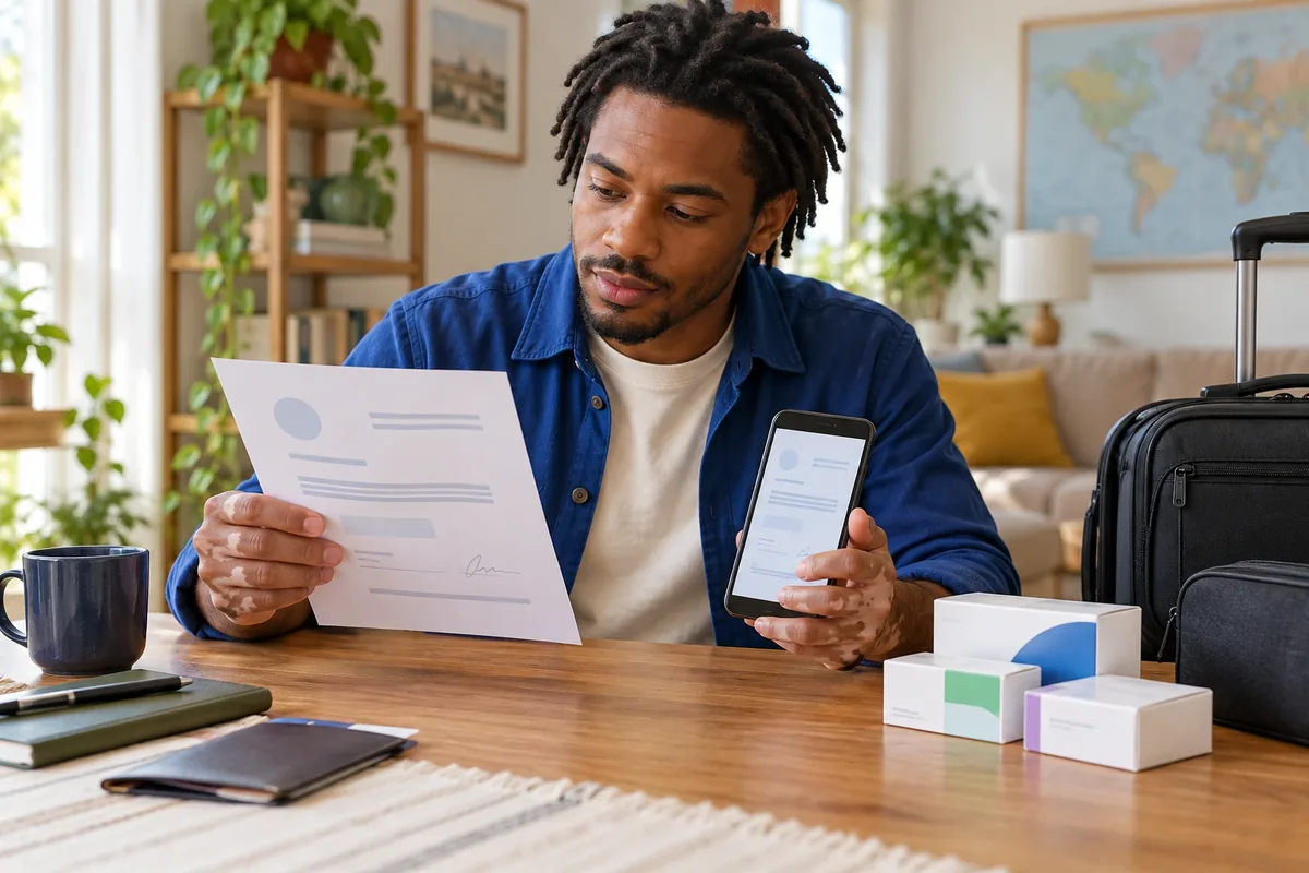 Un homme compare une copie papier et sa version affichée sur un téléphone, avec des médicaments et une valise à côté.