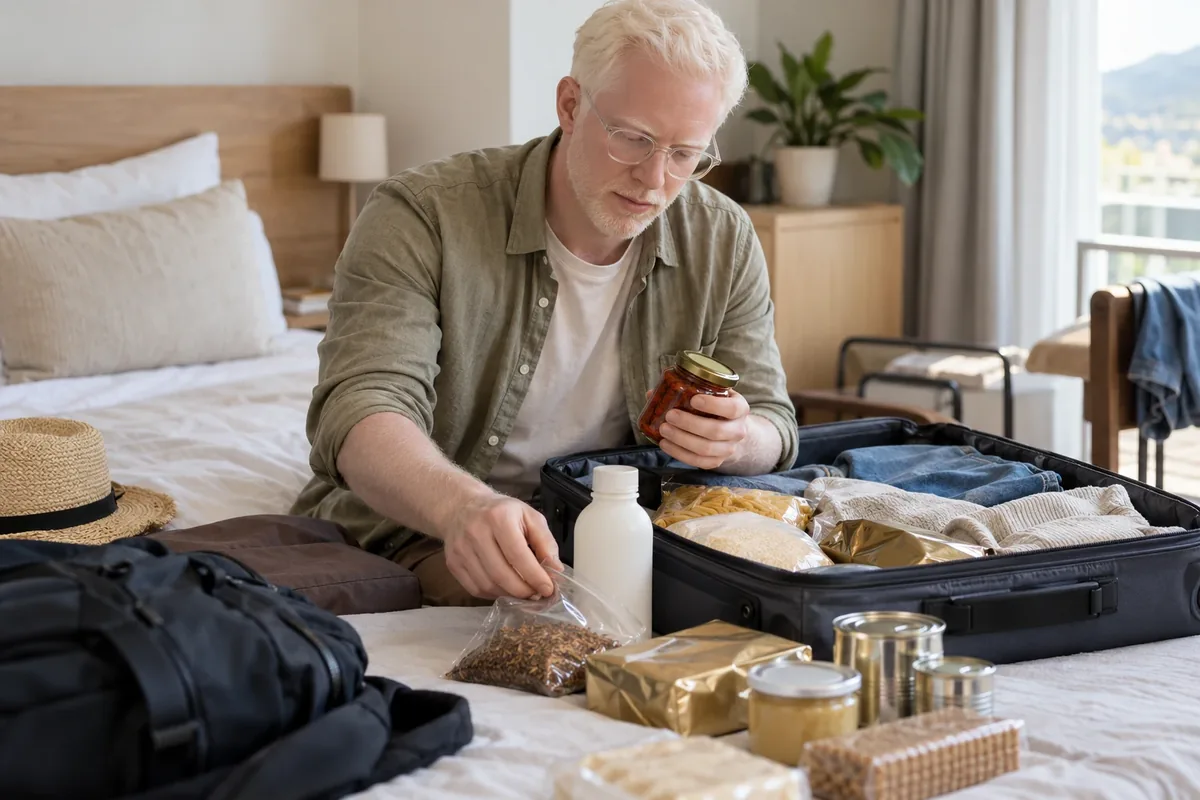 Un voyageur trie des achats avant son retour en France.