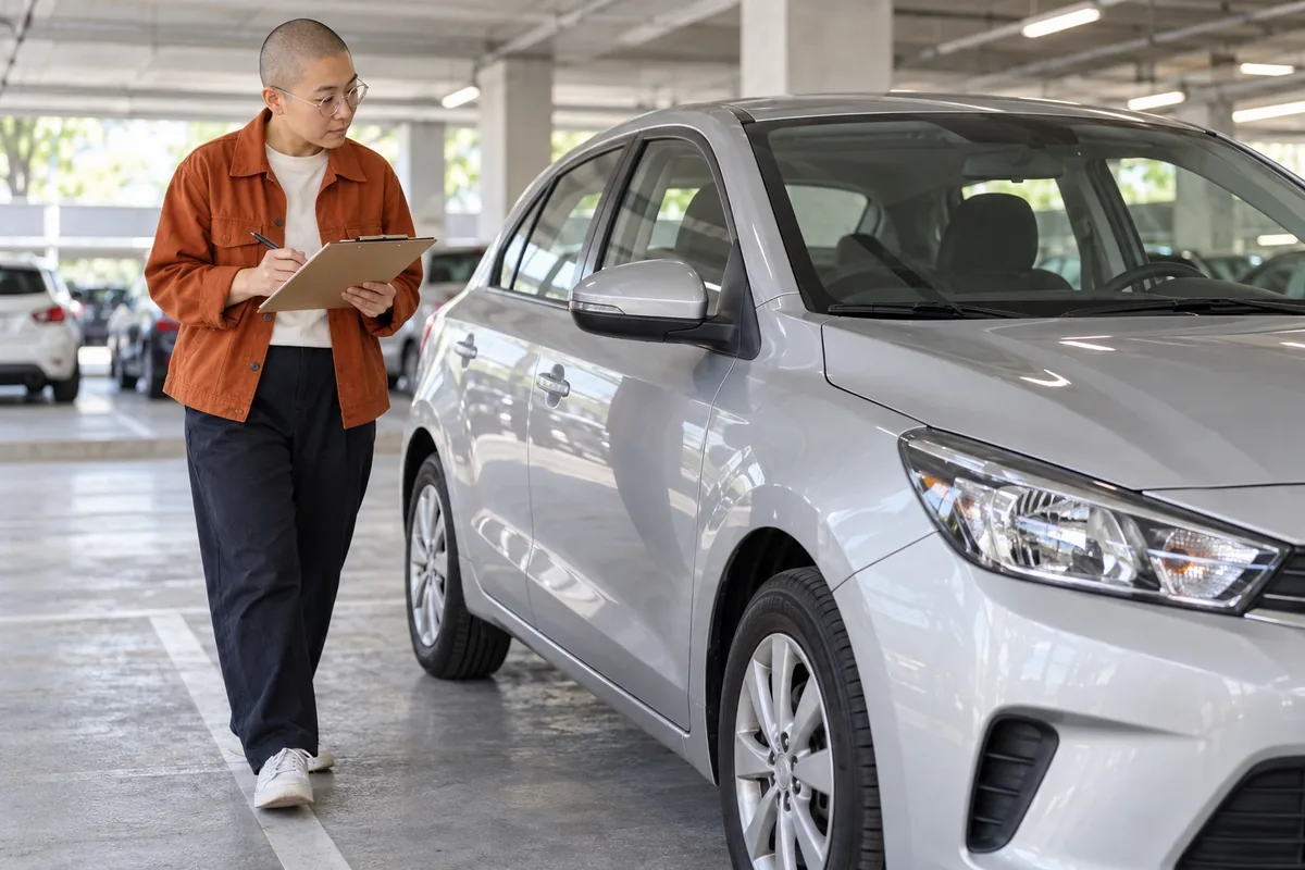 Une personne inspecte méthodiquement la carrosserie d’une voiture de location argentée avec une fiche sur un porte-bloc.