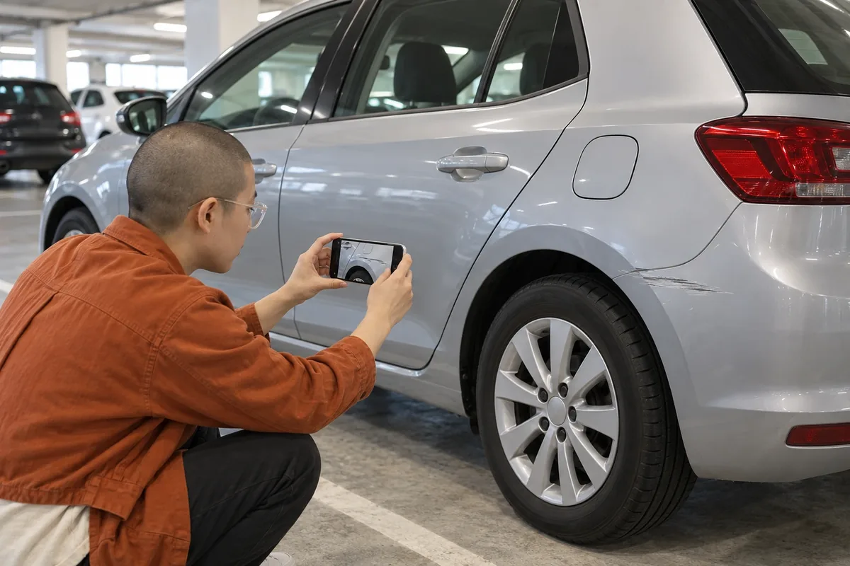 Une personne photographie une rayure près de la roue arrière en gardant tout le flanc de la voiture dans le cadre.