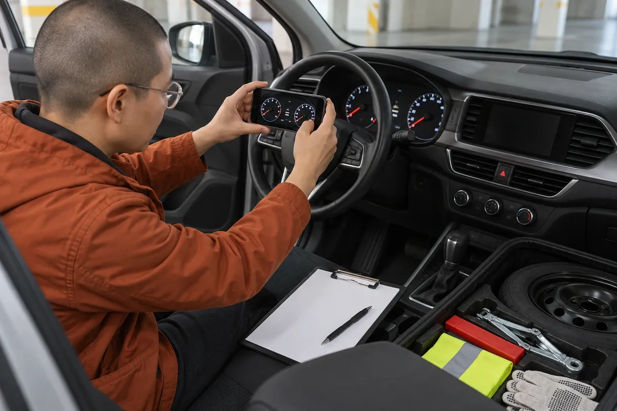 Une personne photographie les cadrans du tableau de bord d’une voiture garée, avec une fiche vierge et des accessoires visibles.