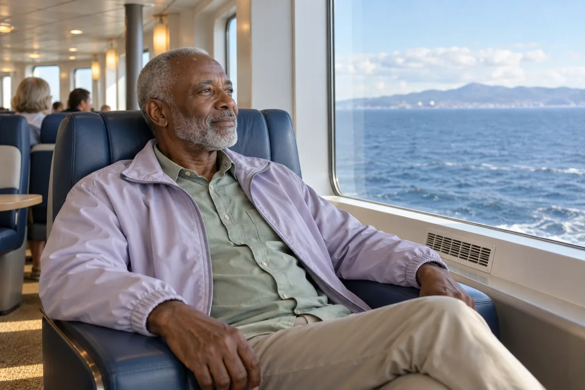 Un homme âgé garde la tête appuyée contre son siège et regarde l’horizon marin à travers la fenêtre d’un ferry.