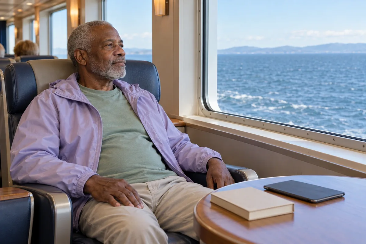 Un homme âgé regarde l’horizon depuis son siège, avec un livre fermé et une tablette éteinte posés hors de ses mains.