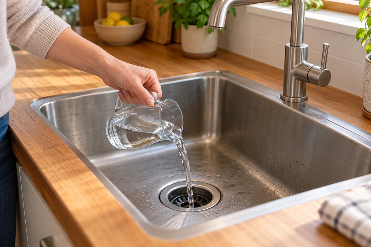 Une personne verse de l’eau directement dans la bonde d’un évier de cuisine.