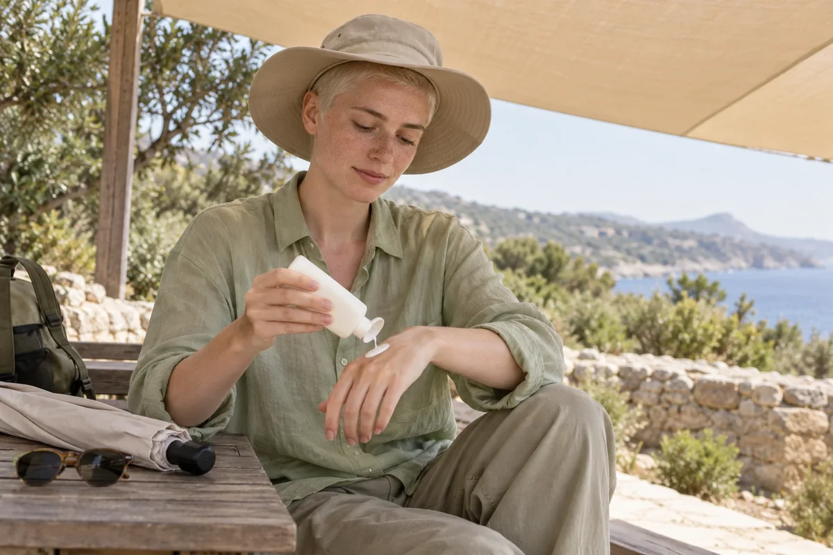 Une personne sous un auvent porte une chemise couvrante et un chapeau large tout en appliquant une protection sur sa main.
