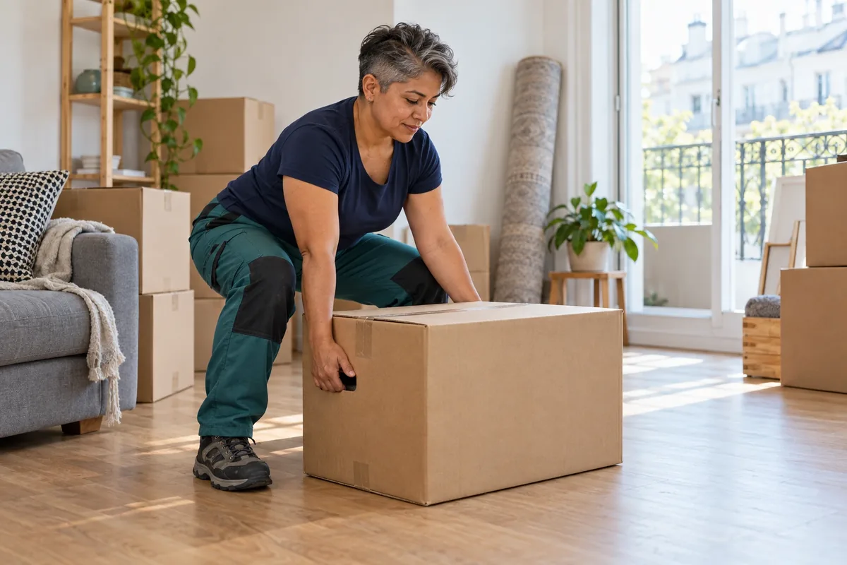 Une femme accroupie près d’un grand carton adopte une base stable, les mains sur les poignées et le trajet dégagé.