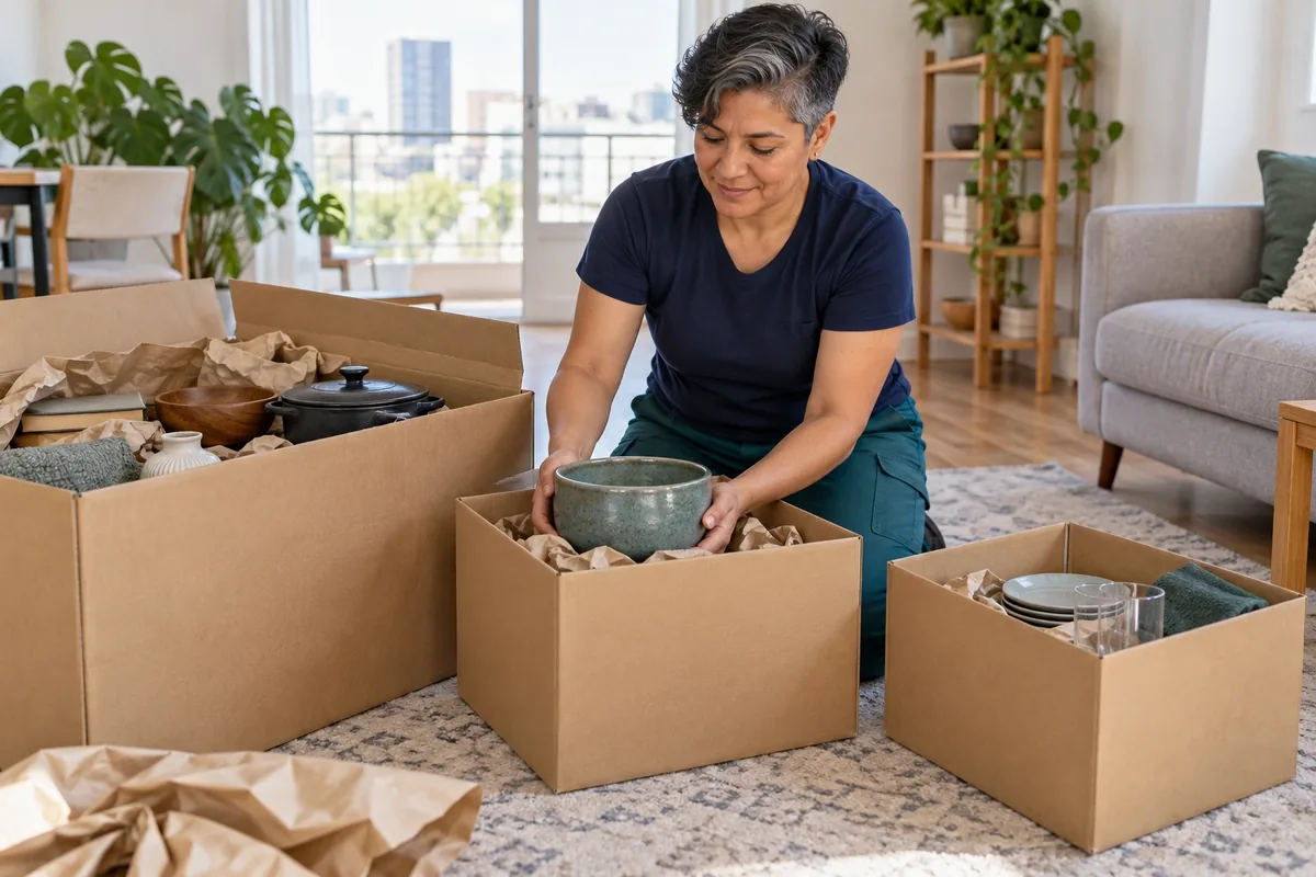 Une femme répartit vaisselle et objets lourds d’un grand carton vers deux boîtes plus petites bien calées.