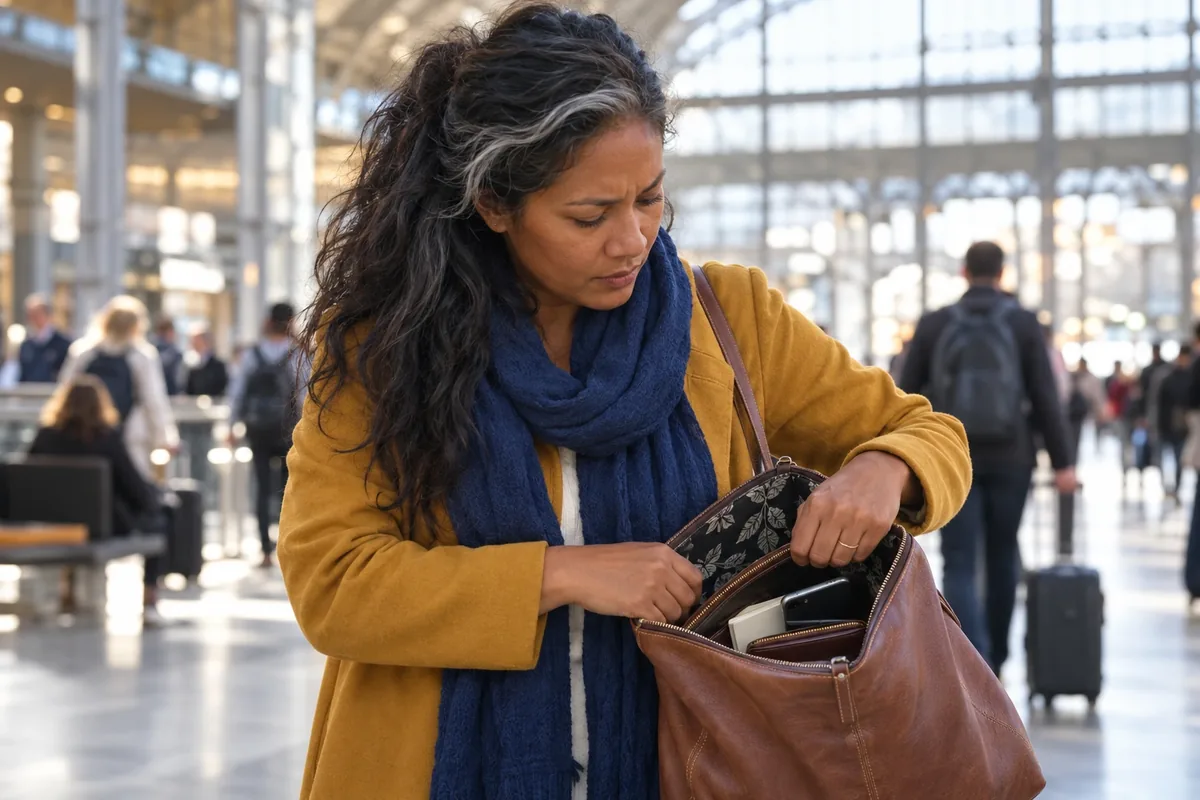Une voyageuse fouille calmement son sac ouvert dans une gare, constatant l’absence de son passeport.