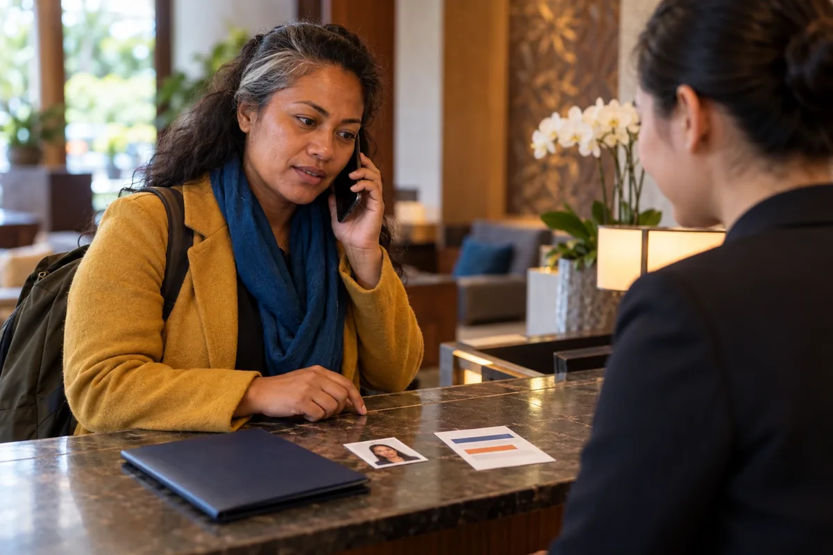 Une voyageuse téléphone depuis la réception d’un hôtel, avec un dossier fermé et une photo d’identité.