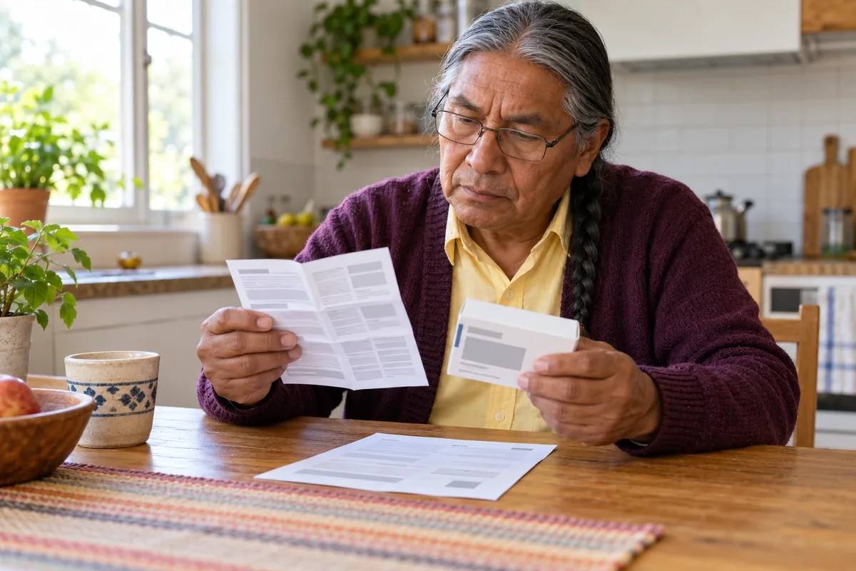 Un homme compare une notice, une boîte de médicament et une ordonnance aux repères volontairement floutés.