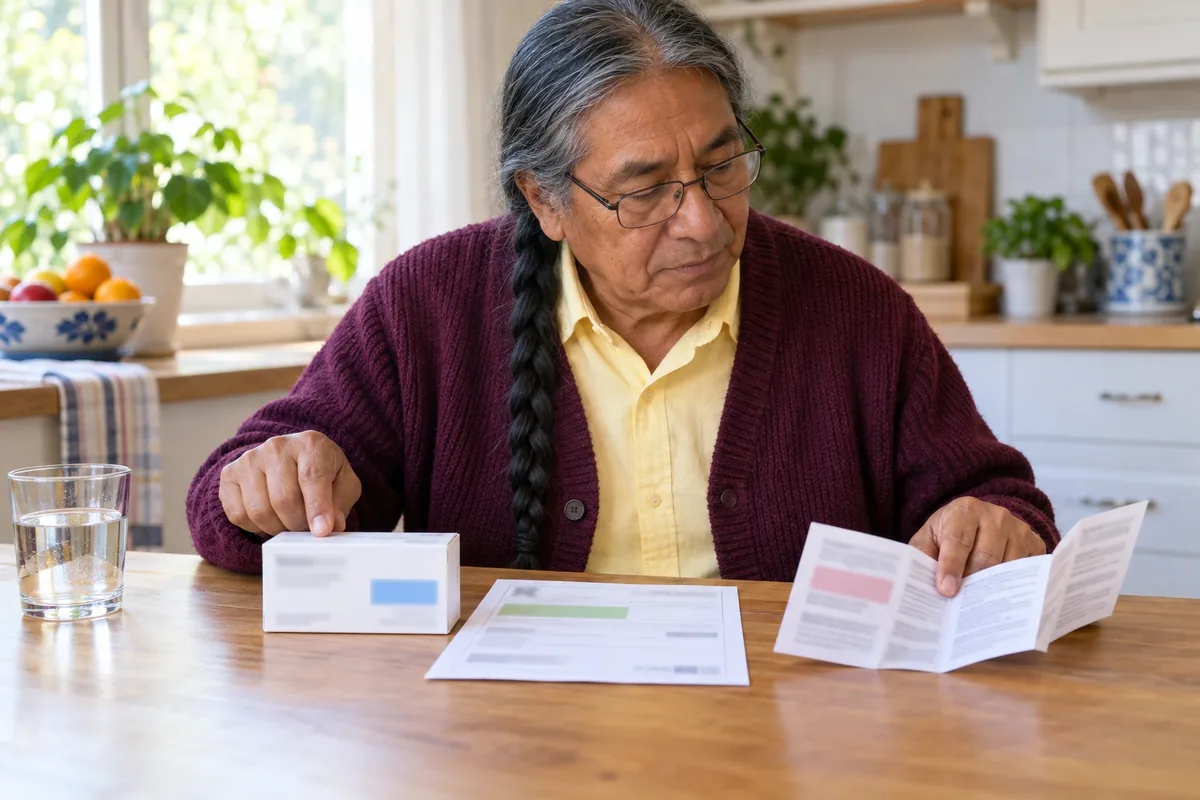 Un homme vérifie côte à côte une boîte, une ordonnance et une notice dont tous les repères sont illisibles.