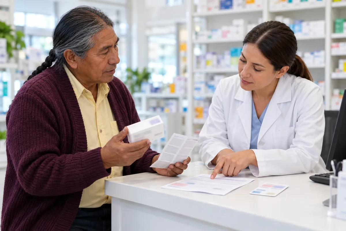 Un homme présente une boîte, une notice et une ordonnance à une pharmacienne qui lui montre un repère.