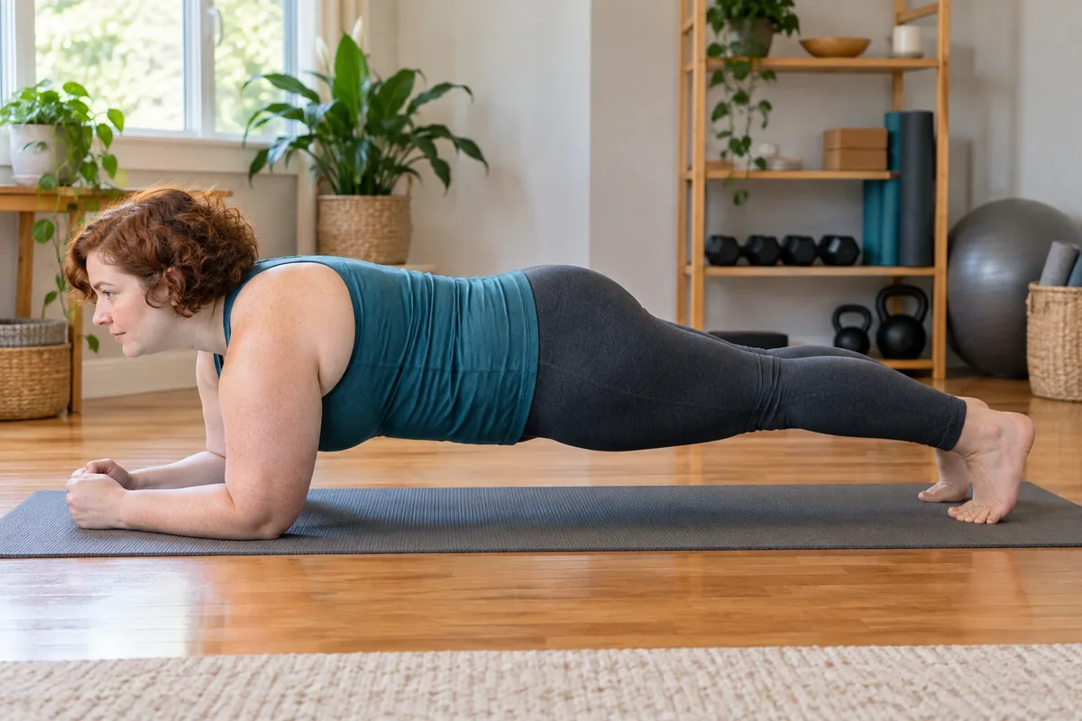 Une femme tient une planche sur les avant-bras, avec la tête, le dos, le bassin et les jambes bien alignés.