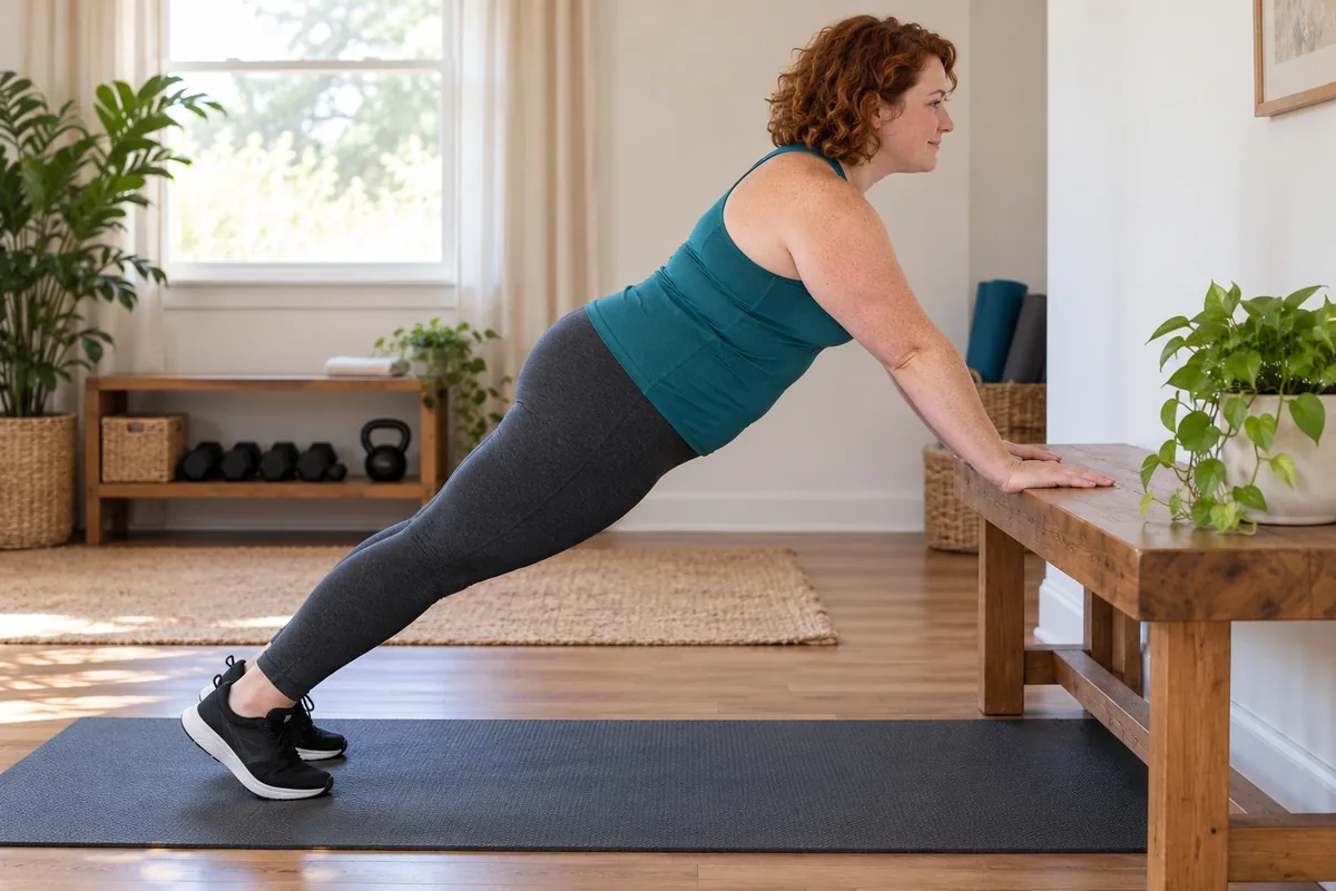 Une femme réalise une planche inclinée sur un support stable, jambes tendues et respiration détendue.